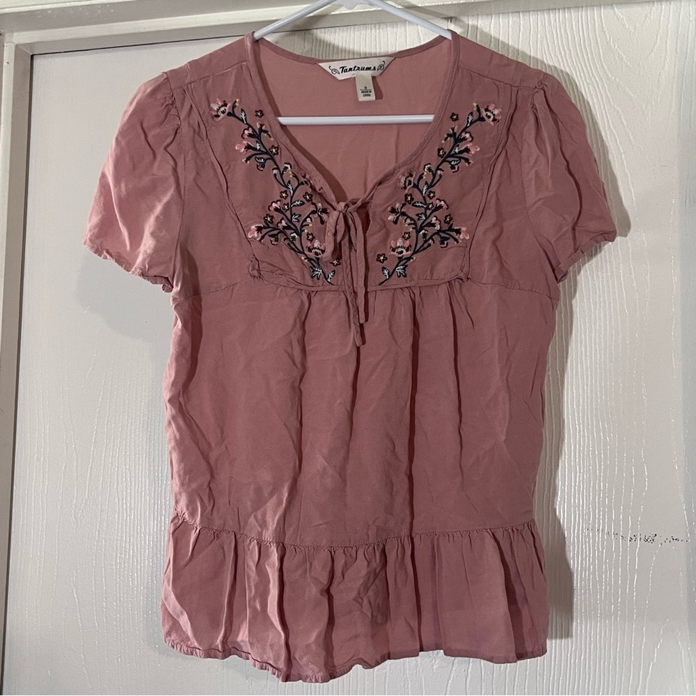 Tantrums Light Pink Embroidered Blouse Flowy w/front Tie